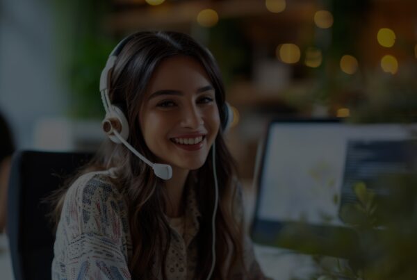 A call center agent at desk assisting customer over the phone